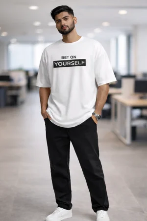 Frebly Bet On Yourself Oversized White T-Shirt for Men (Front)