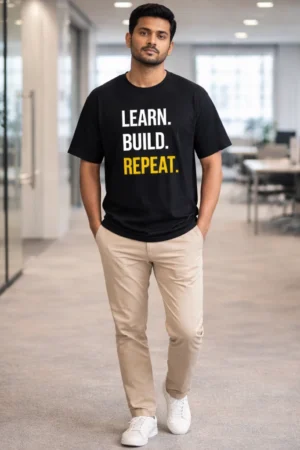 Learn Build Repeat Black Cotton T-Shirt front