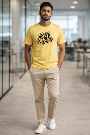 Self Made Yellow Cotton T-Shirt for Men front